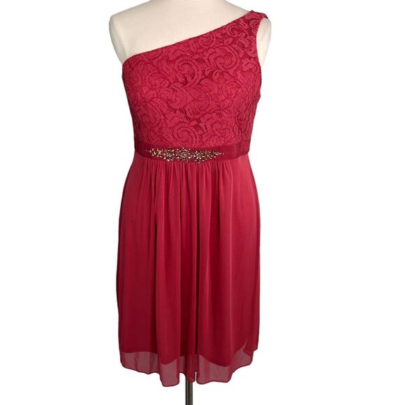 Adrianna Papell Evening Dress One Shoulder Ruched Waist Rhinestone Trim Chiffon - Picture 1 of 10